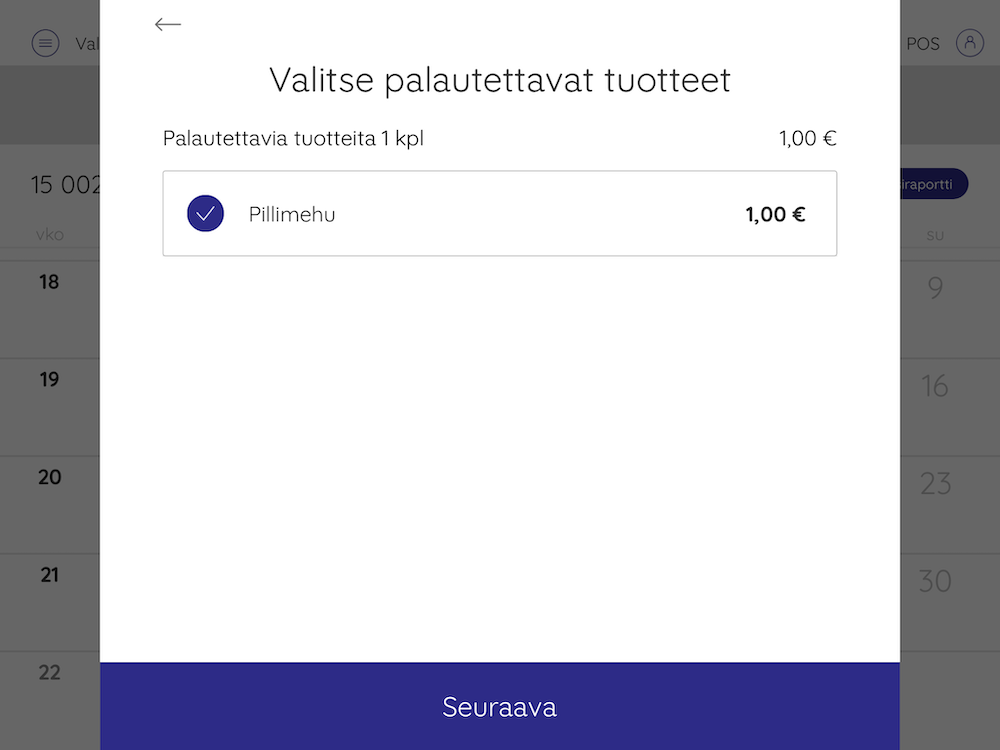 valitse palautettava tuote